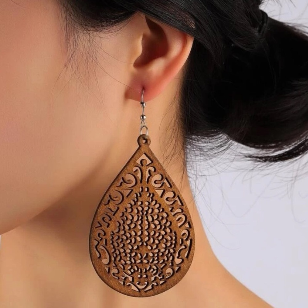 💥3for28 New Large Bohemian Wooden Teardrop Earrings CutOut Details | Wood Water